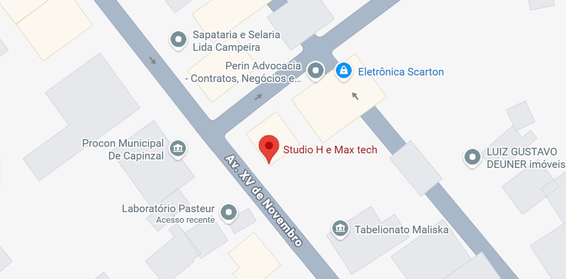 Mapa do Google mostrando a localização do Studio H, em frente ao Laboratório Pasteur em Capinzal